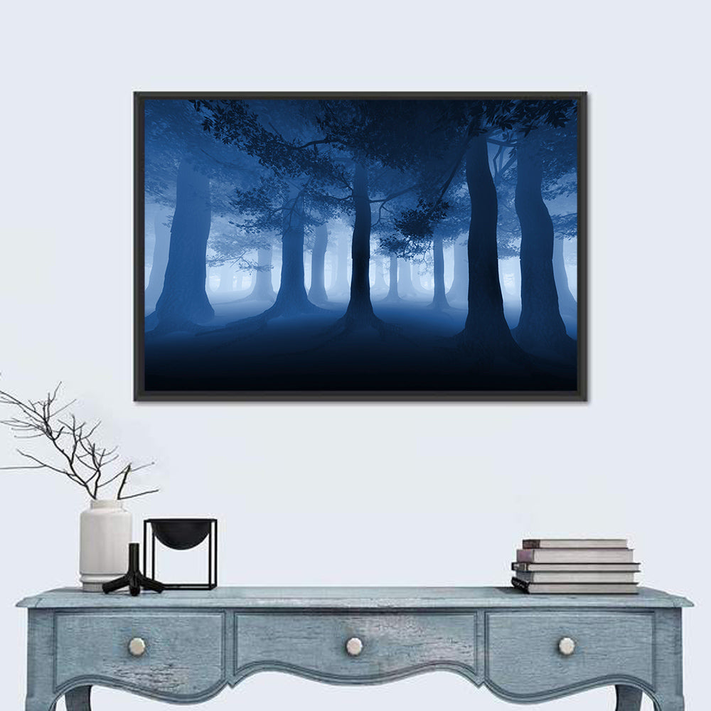 Midnight Blue Forest Wall Art in a room, landscape