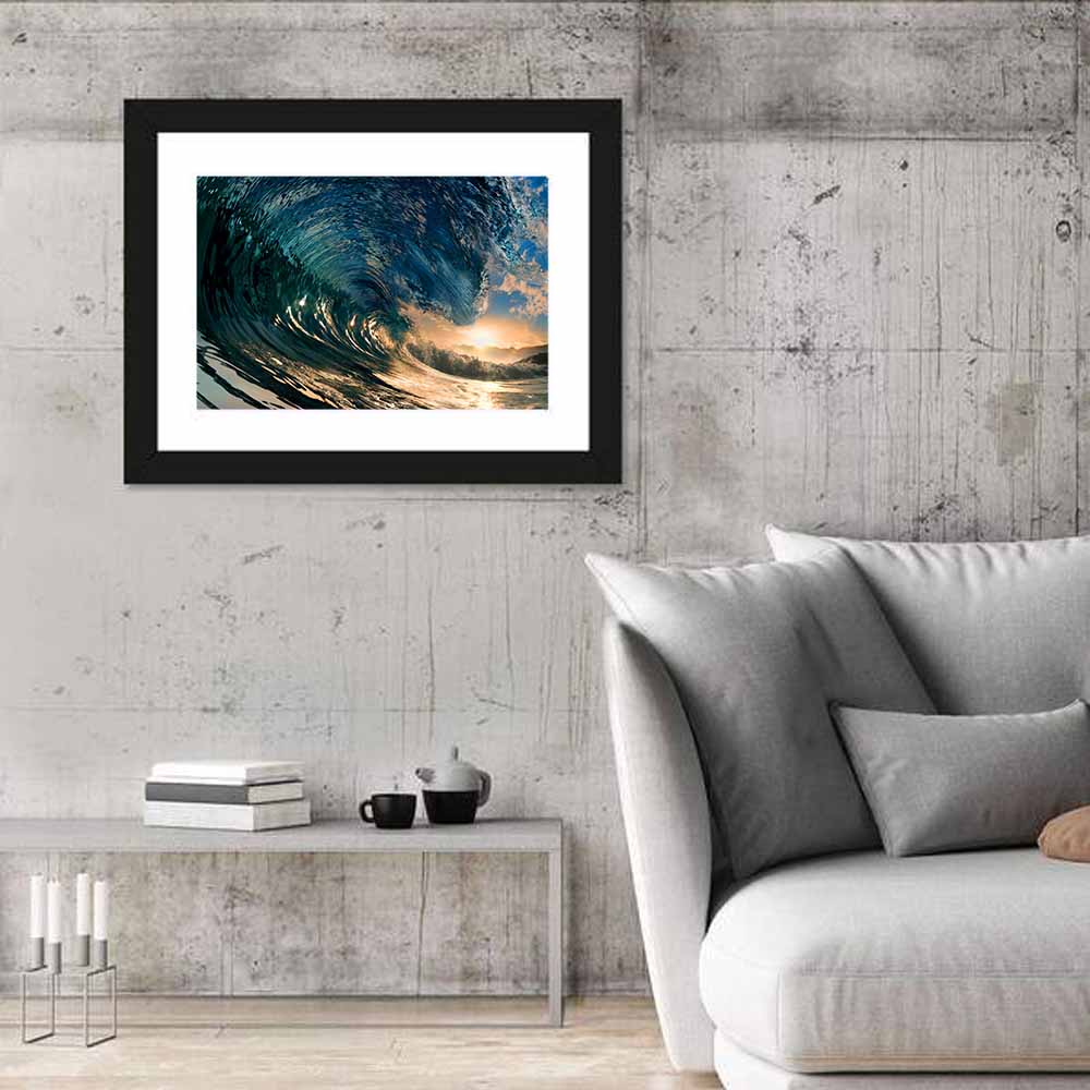 Sunset Barrel Wave Wall Art in a room, landscape