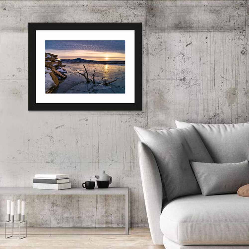 Lake Abiquiu Winter Sunset Wall Art in a room, landscape