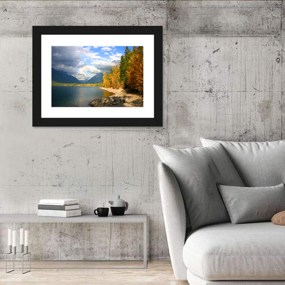 Lake Mcdonald Autumn Shoreline Wall Art in a room, landscape