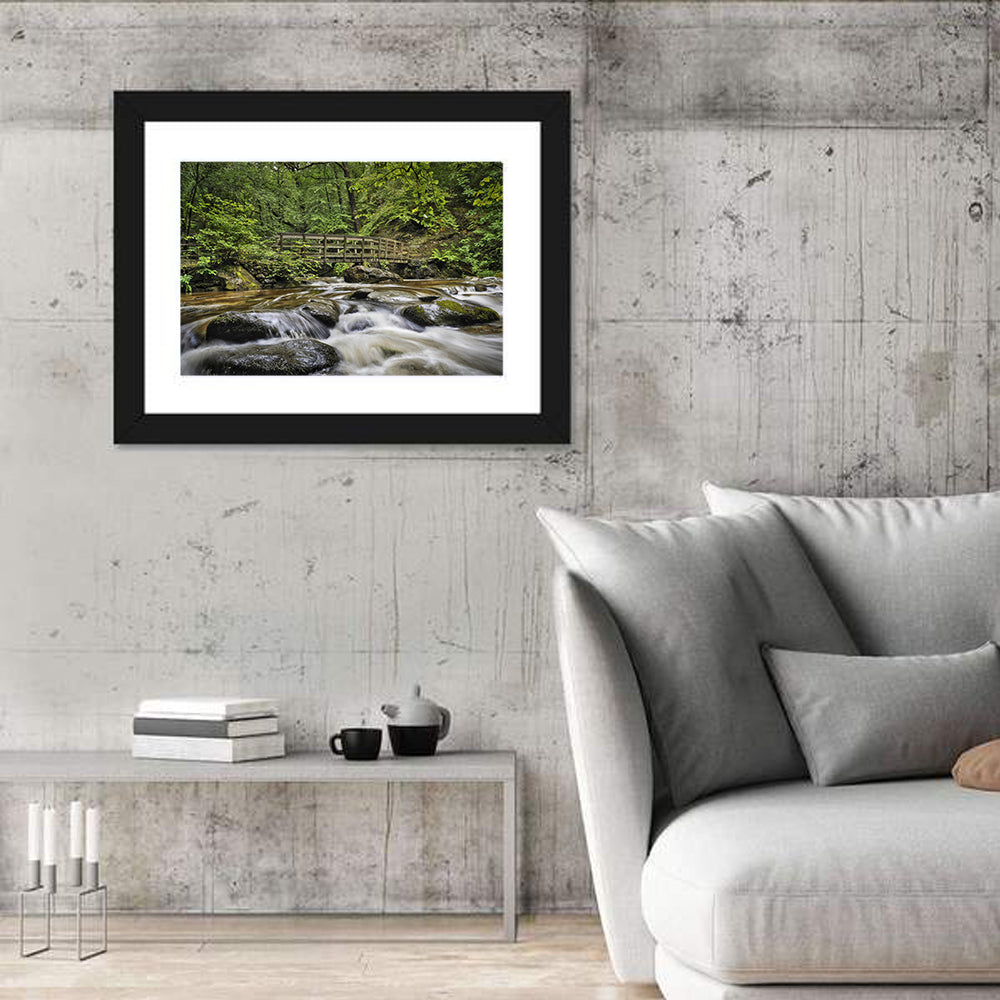 Stock Ghyll Footbridge Forest Stream Wall Art in a room, landscape
