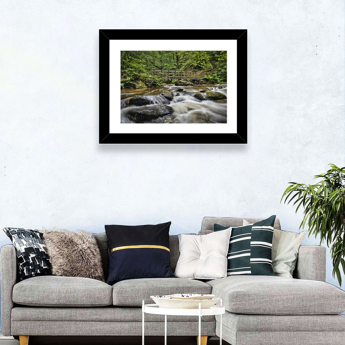 Stock Ghyll Footbridge Forest Stream Wall Art in a room, landscape