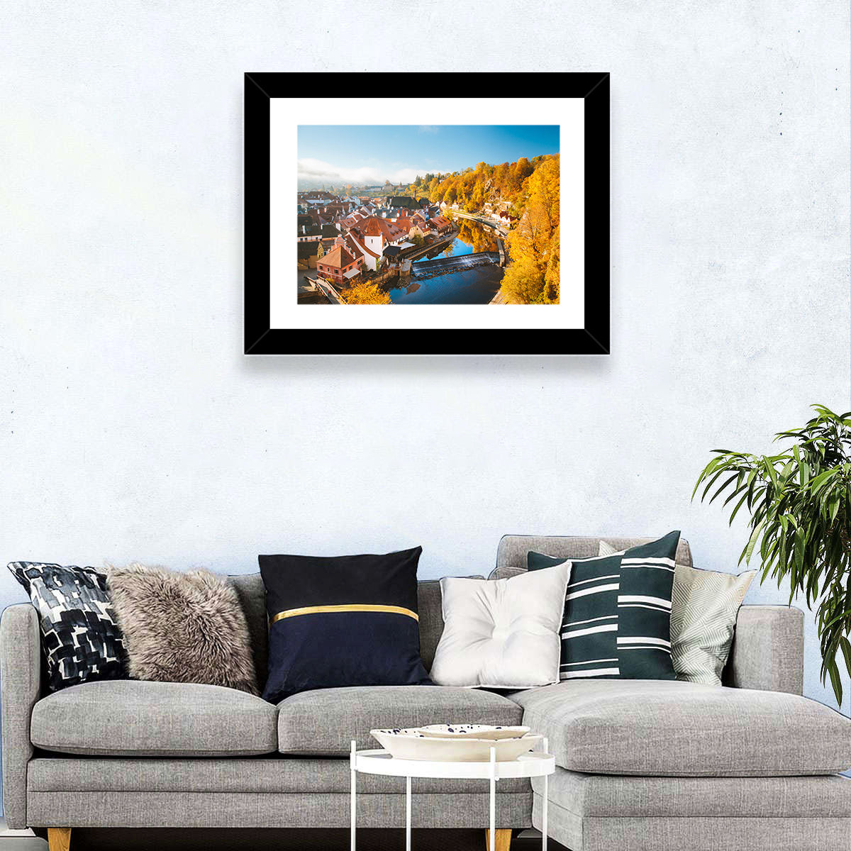 Český Krumlov River Weir in Autumn Wall Art in a room, landscape