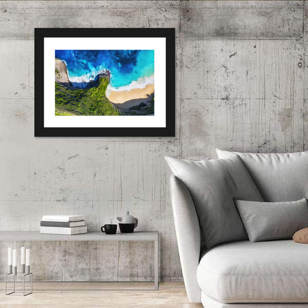 Kelingking Beach Cliffs Wall Art in a room, landscape