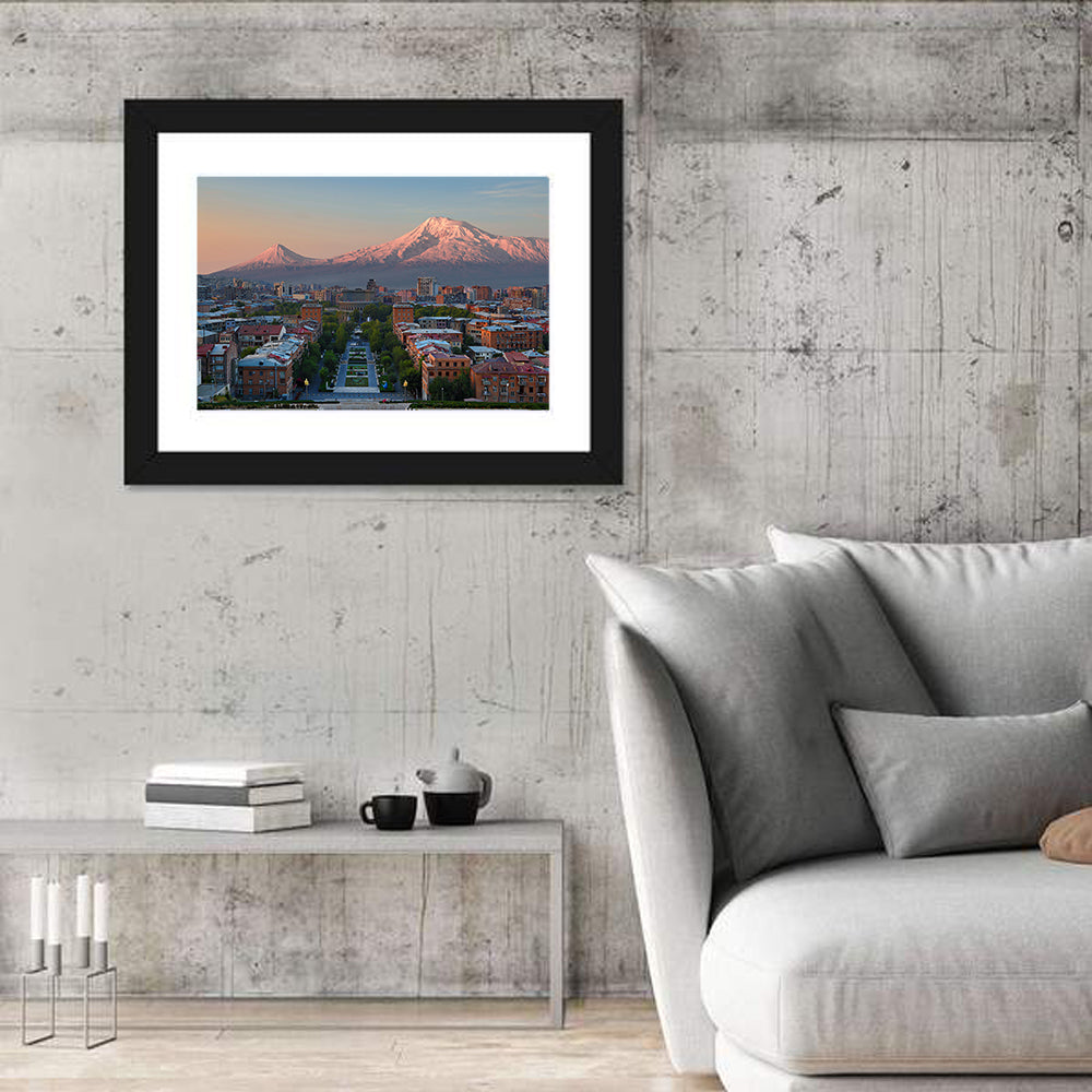 Sunset Over Mount Ararat from Yerevan Wall Art in a room, landscape