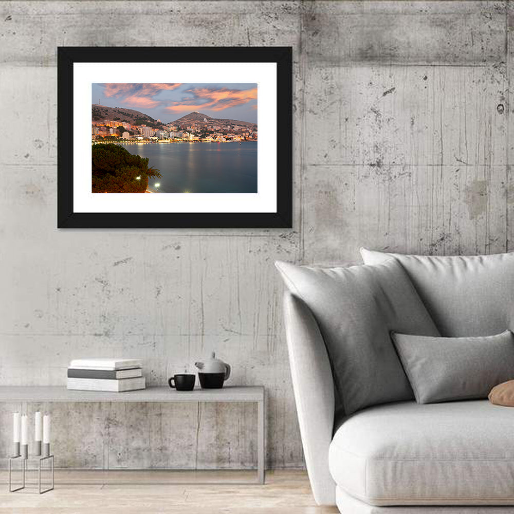 Sarandë Bay at Dusk Wall Art in a room, landscape