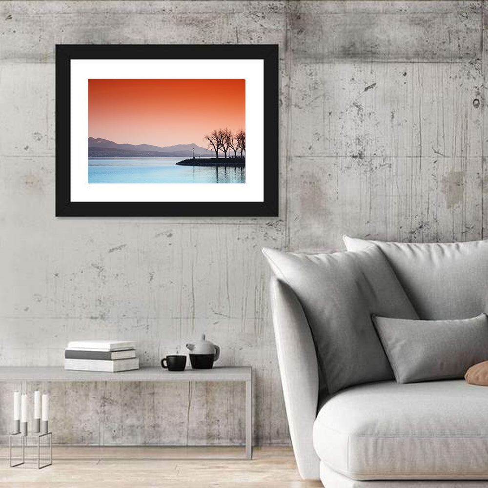 Lake Geneva Sunset Reflection Wall Art in a room, landscape