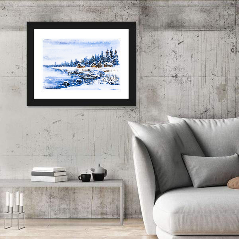 Snowy Village by Frozen Lake Wall Art