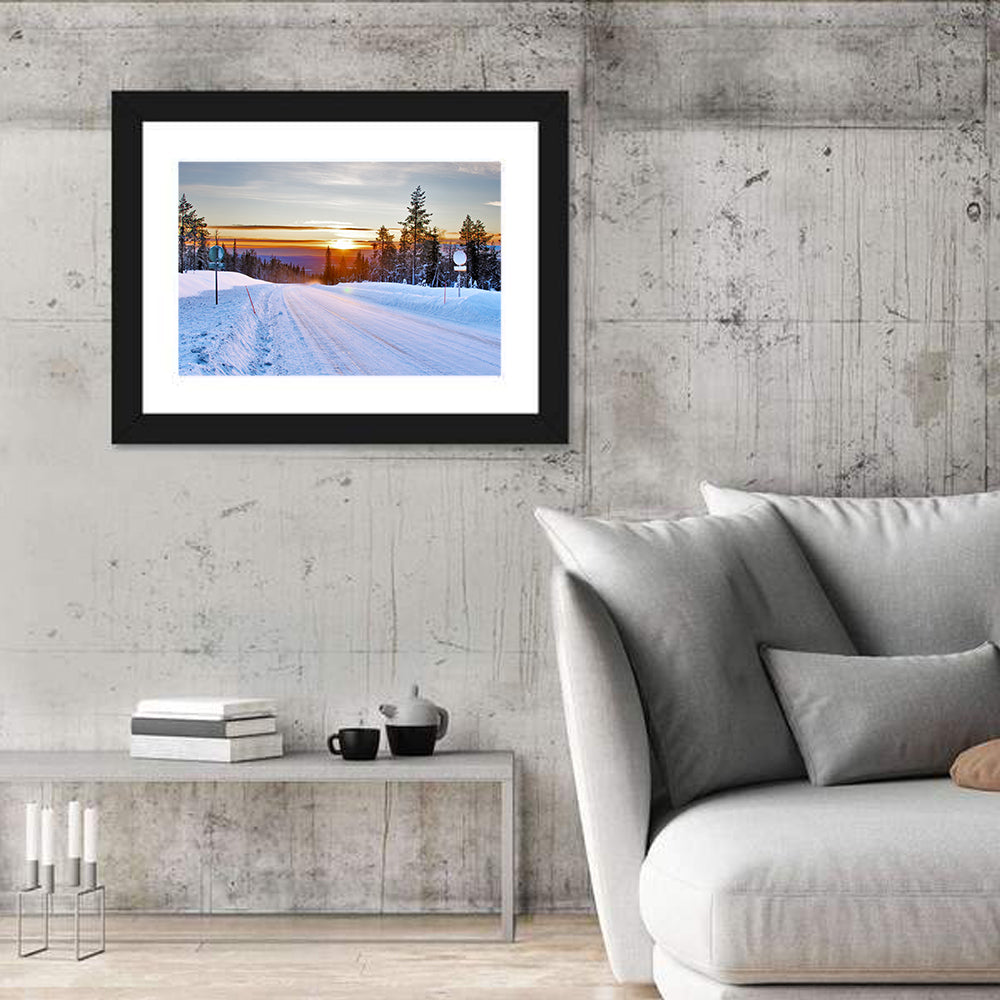 Snowy Road at Sunset Wall Art in a room, landscape
