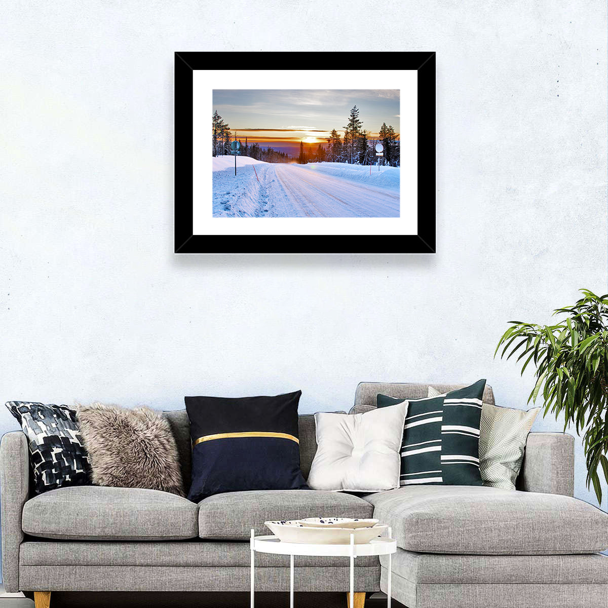 Snowy Road at Sunset Wall Art in a room, landscape