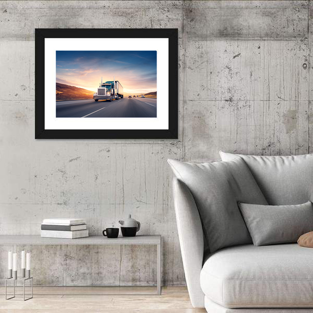 Semi Truck Highway Sunset Wall Art in a room, landscape