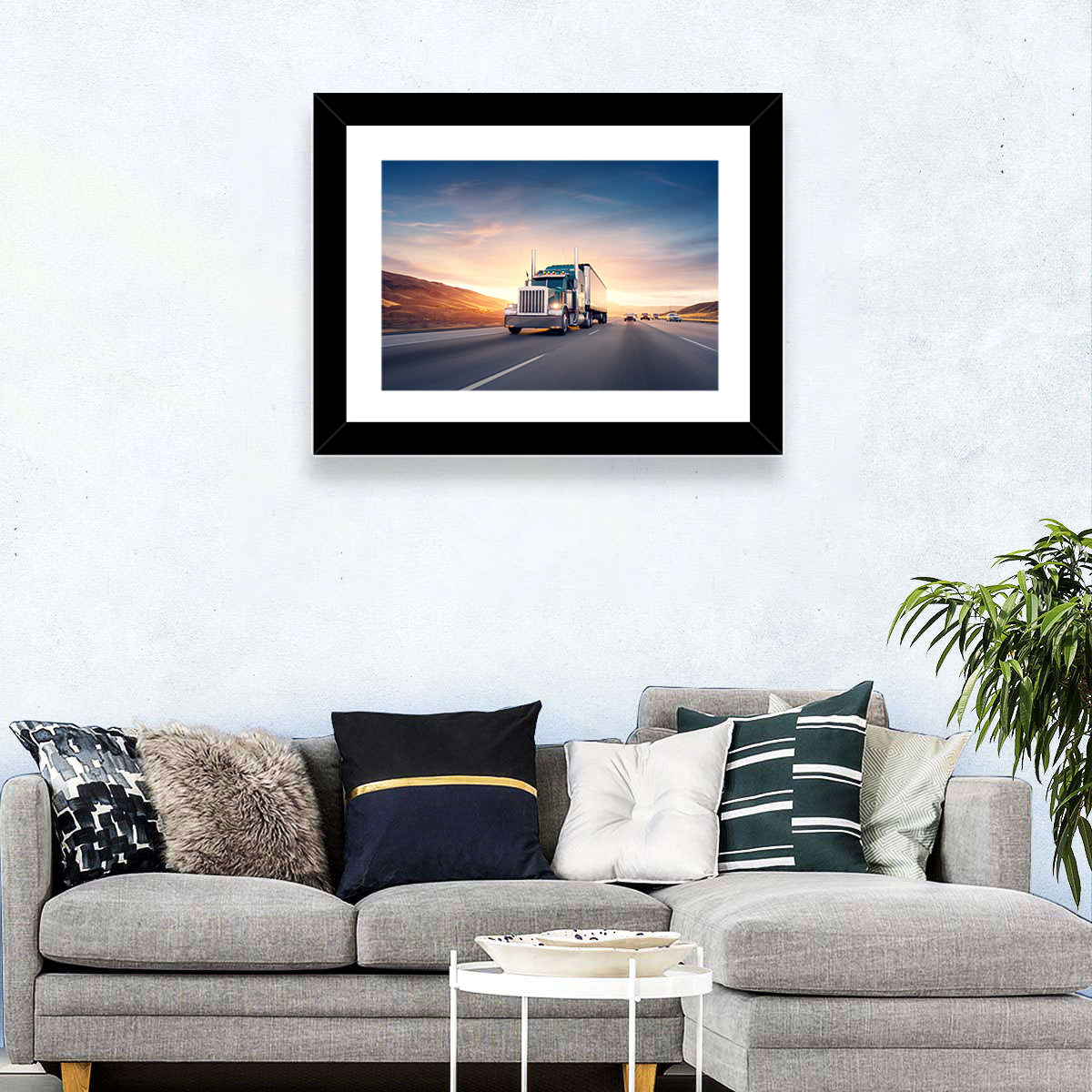 Semi Truck Highway Sunset Wall Art in a room, landscape