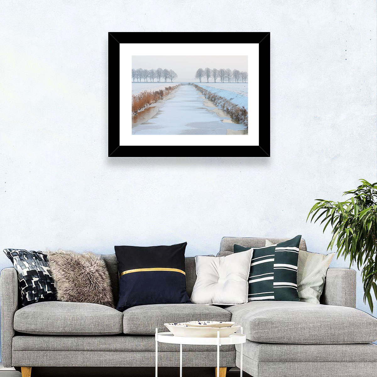 Frozen Canal with Bare Trees Wall Art in a room, landscape