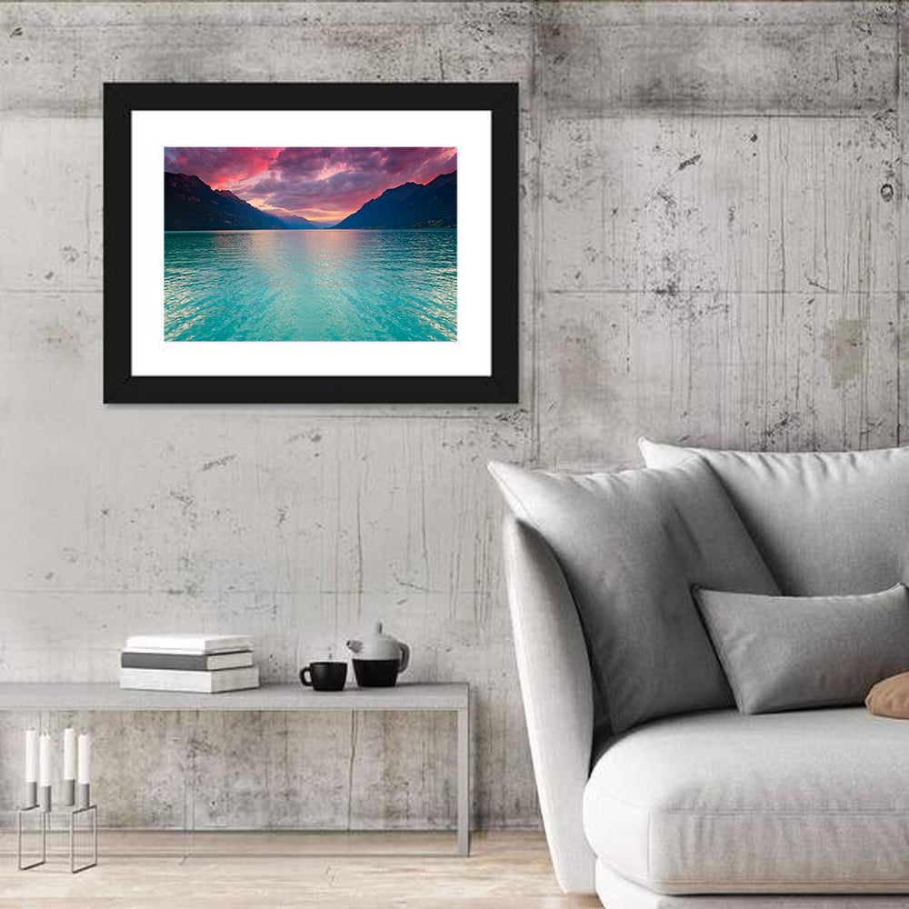 Lake Brienz Teal Sunset Wall Art in a room, landscape