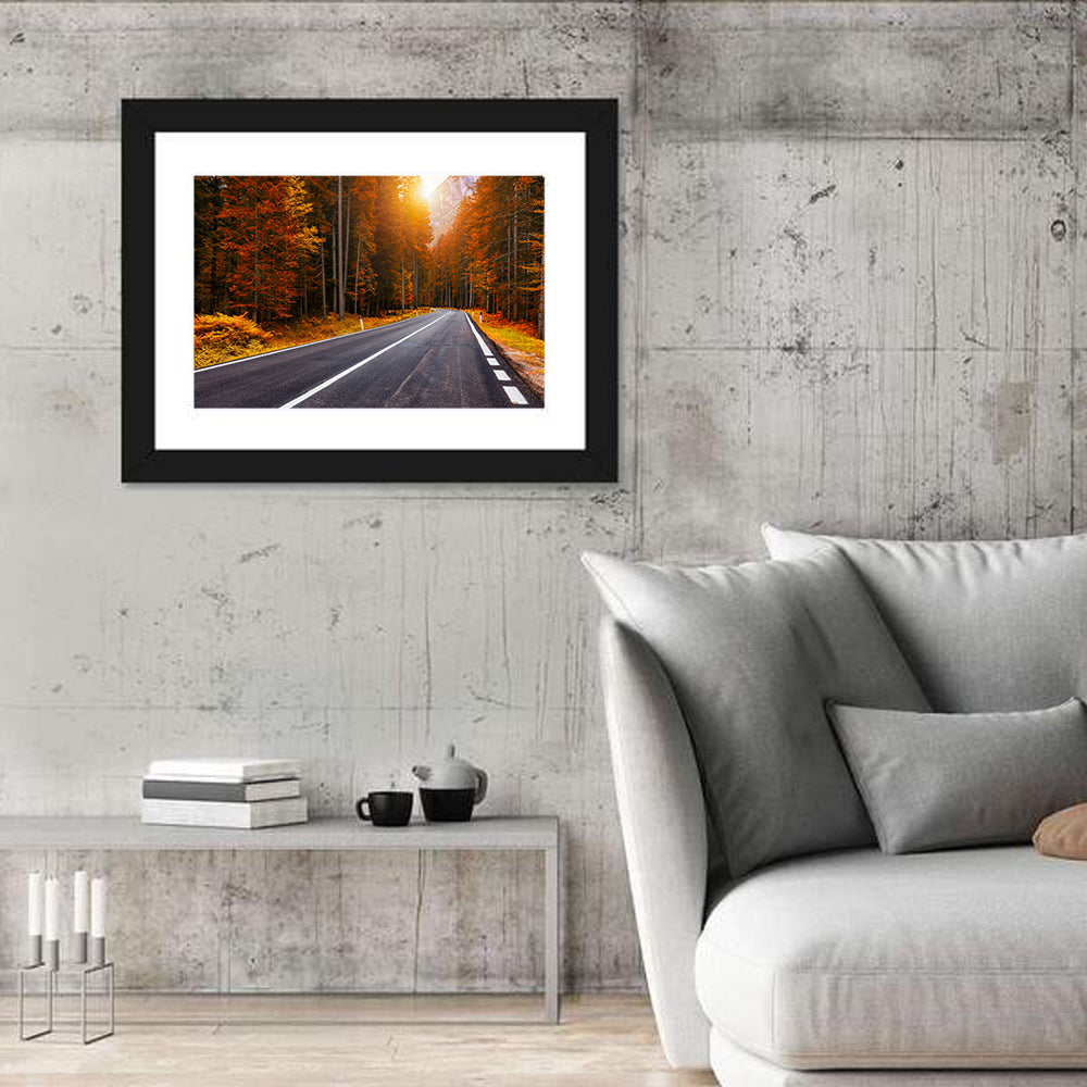 Golden Hour Forest Road Wall Art in a room, landscape