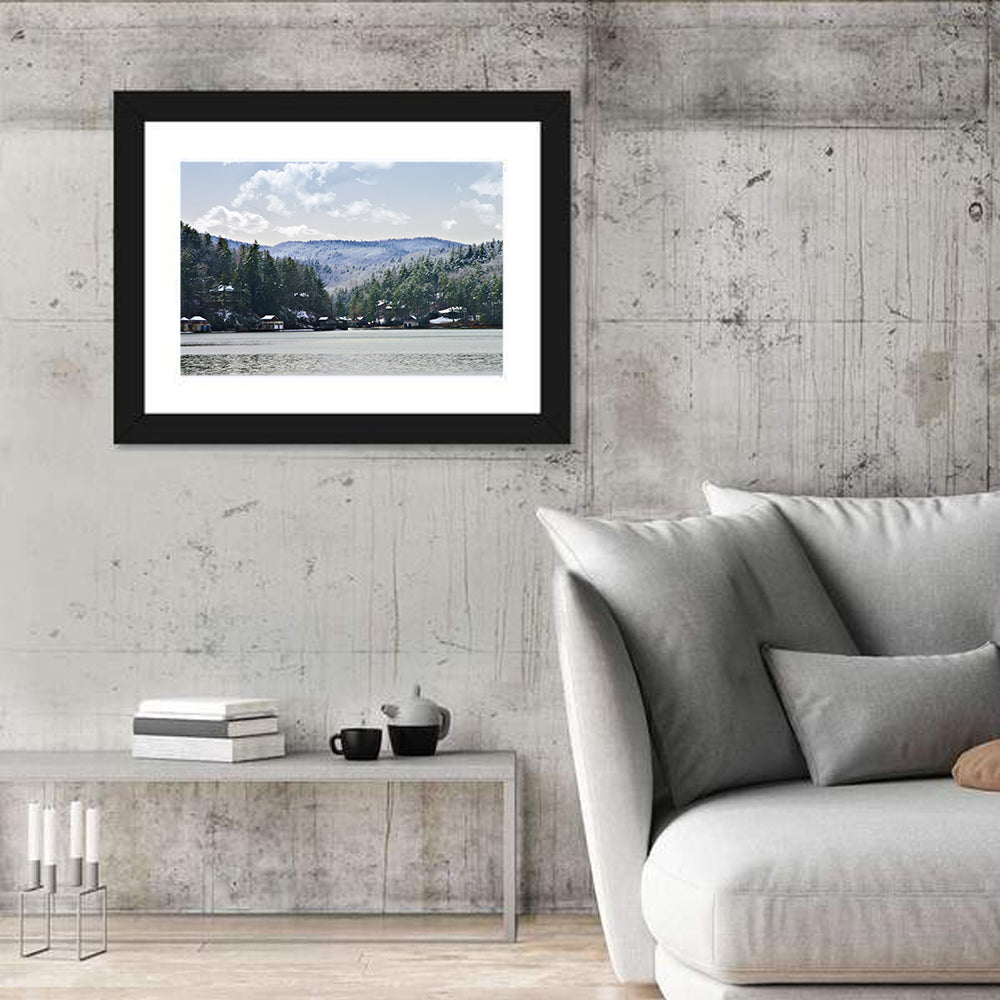 Lake Rabun Winter Scene Wall Art in a room, landscape