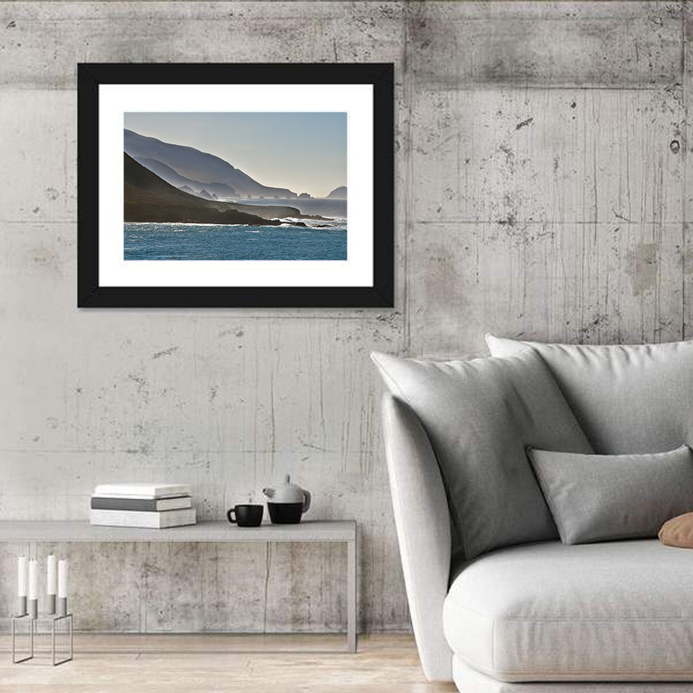 Misty Big Sur Coastline Wall Art in a room, landscape