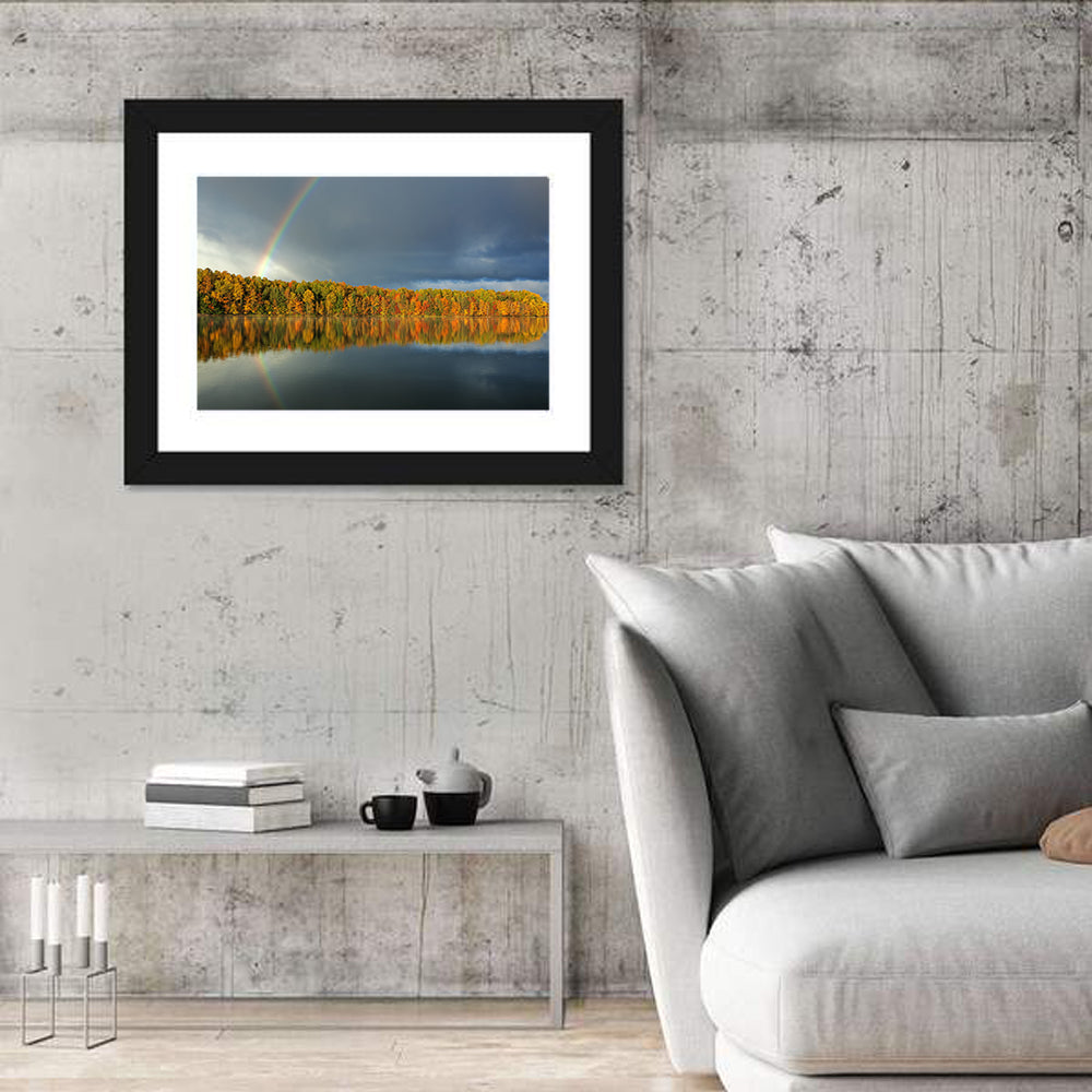 Moccasin Lake Autumn Rainbow Wall Art in a room, landscape