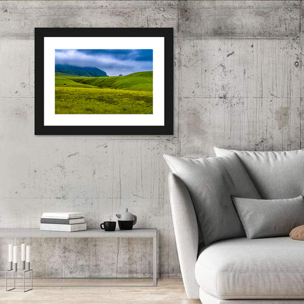 Dragon Mountains with Lone Tree Wall Art in a room, landscape
