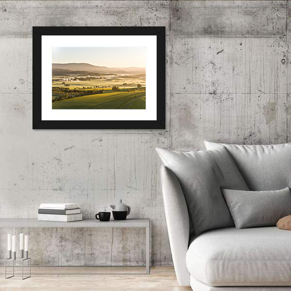 Yarra Valley Morning Mist Wall Art in a room, landscape