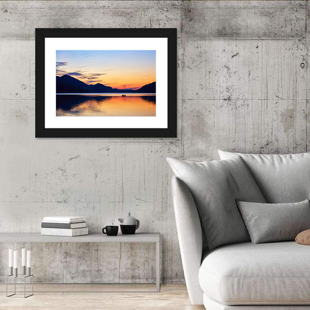 Lake Fuschl Sunset with Boat Wall Art in a room, landscape