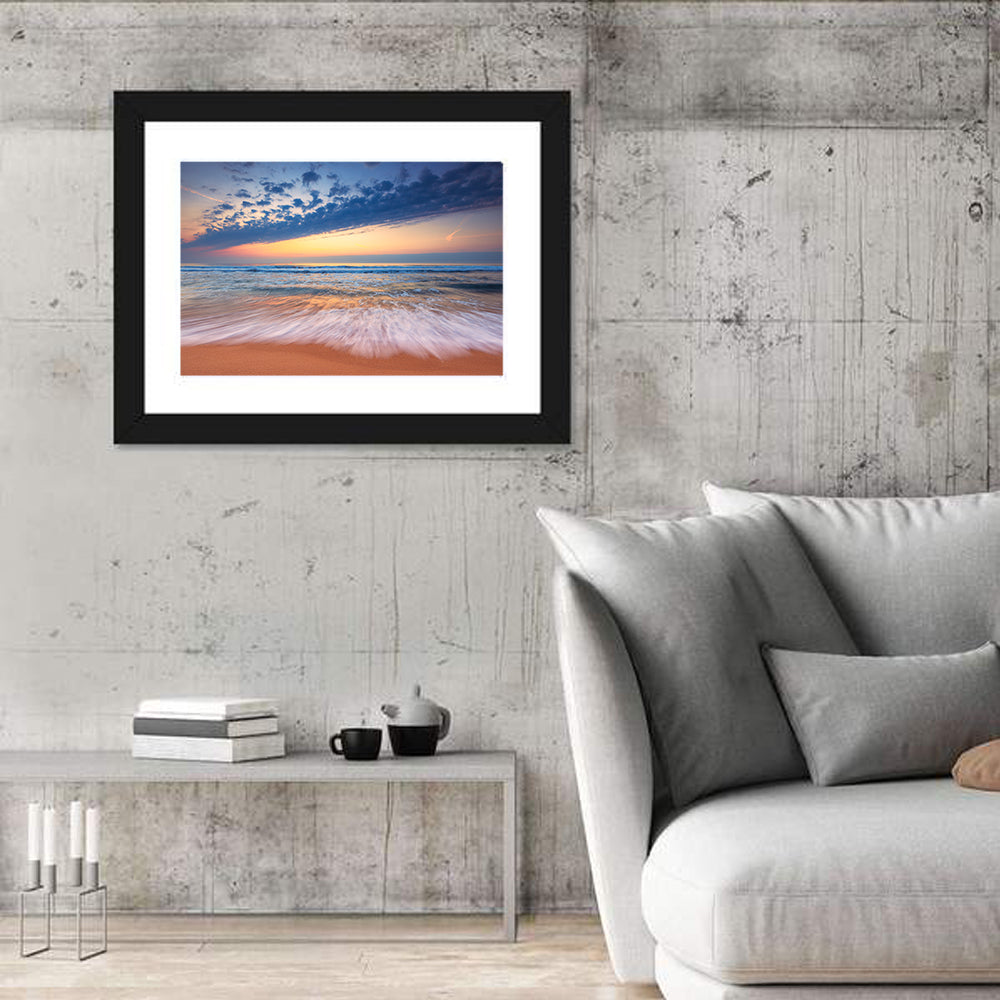 Long Exposure Beach Sunrise Wall Art in a room, landscape