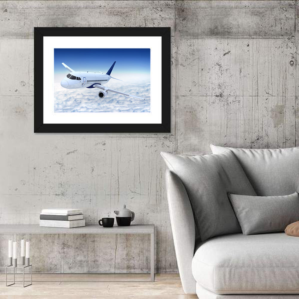 Commercial Jet Above Clouds Wall Art in a room, landscape