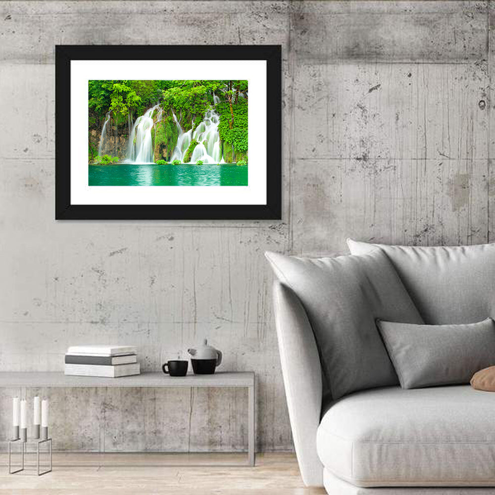 Plitvice Lakes Cascades Wall Art in a room, landscape