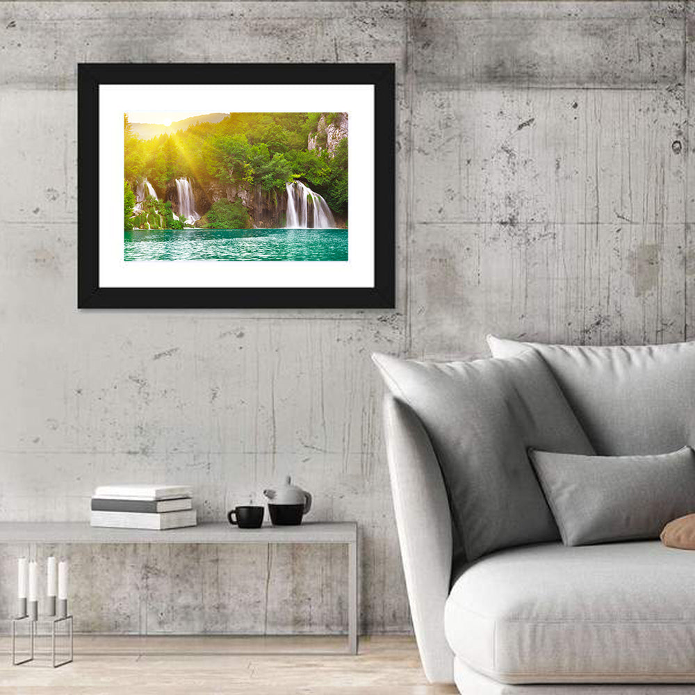 Plitvice Cascades at Sunrise Wall Art in a room, landscape