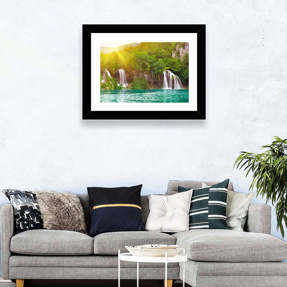 Plitvice Cascades at Sunrise Wall Art in a room, landscape