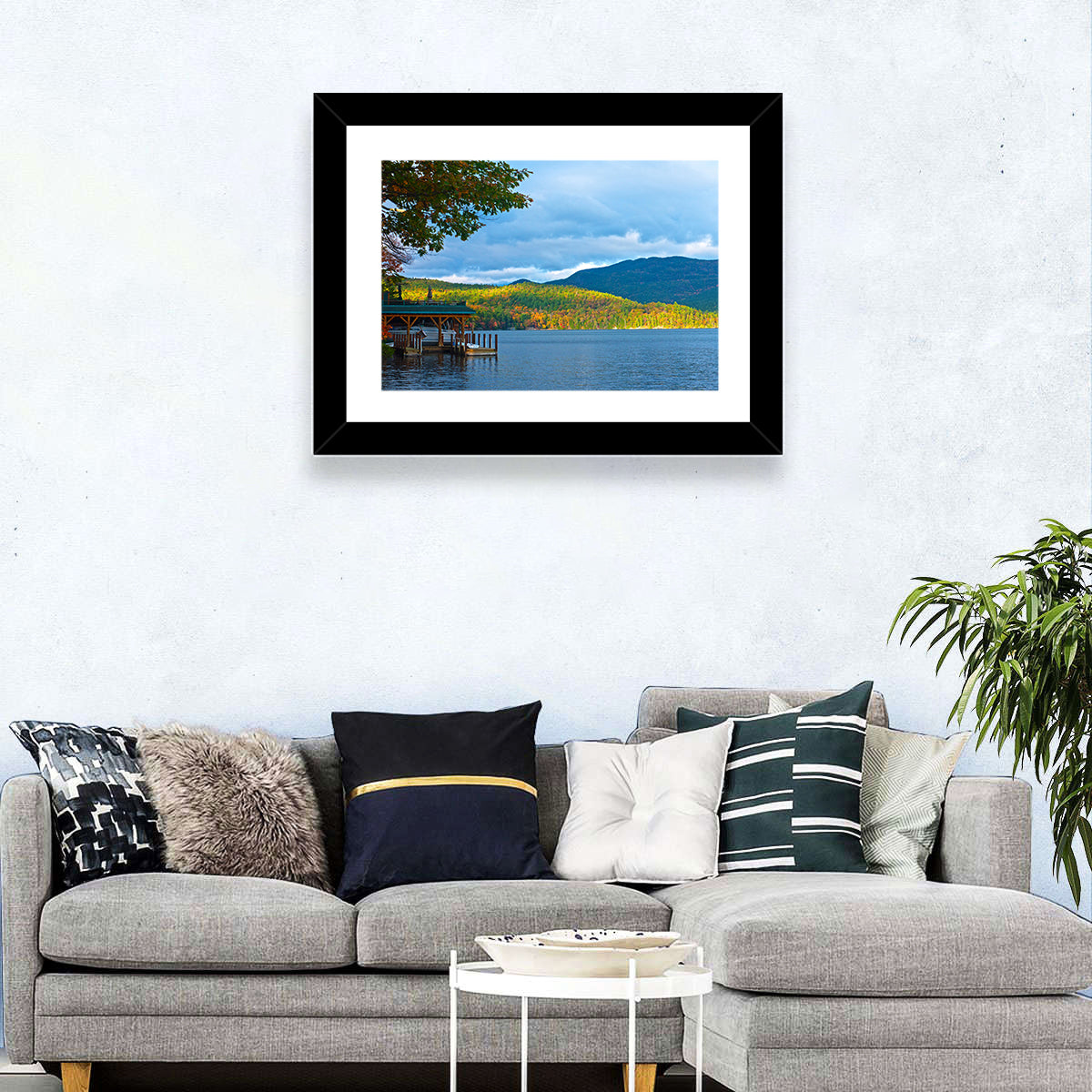 Lake George Boathouse in Autumn Wall Art in a room, landscape