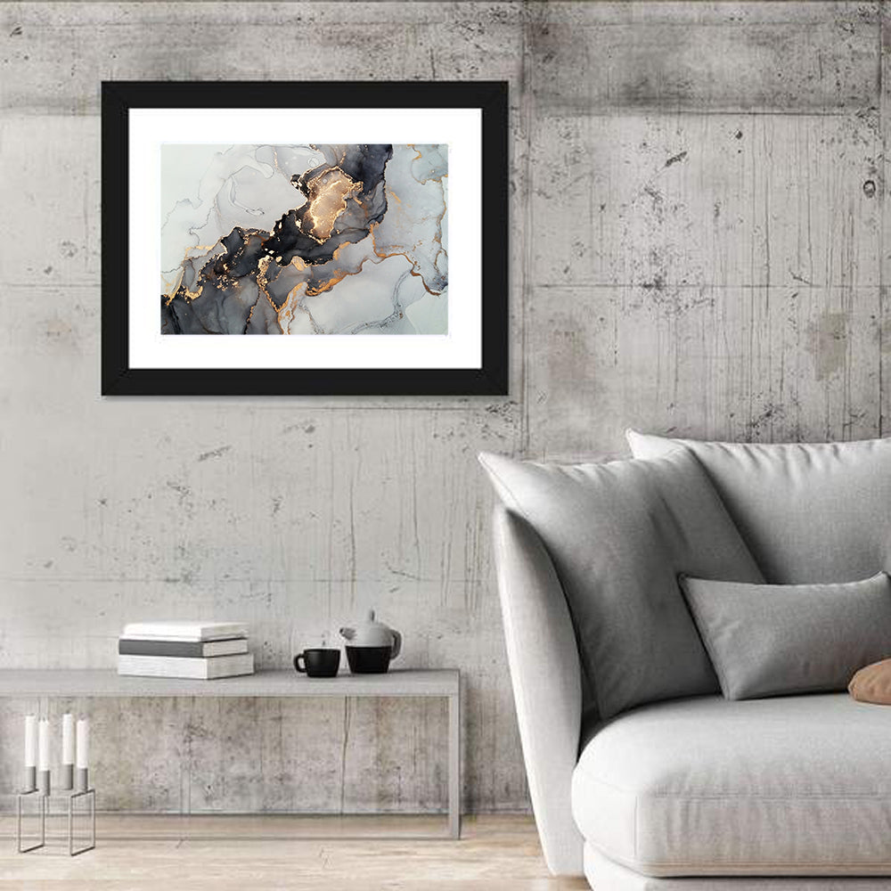 Black Fire Marble Abstract Wall Art in a room, landscape