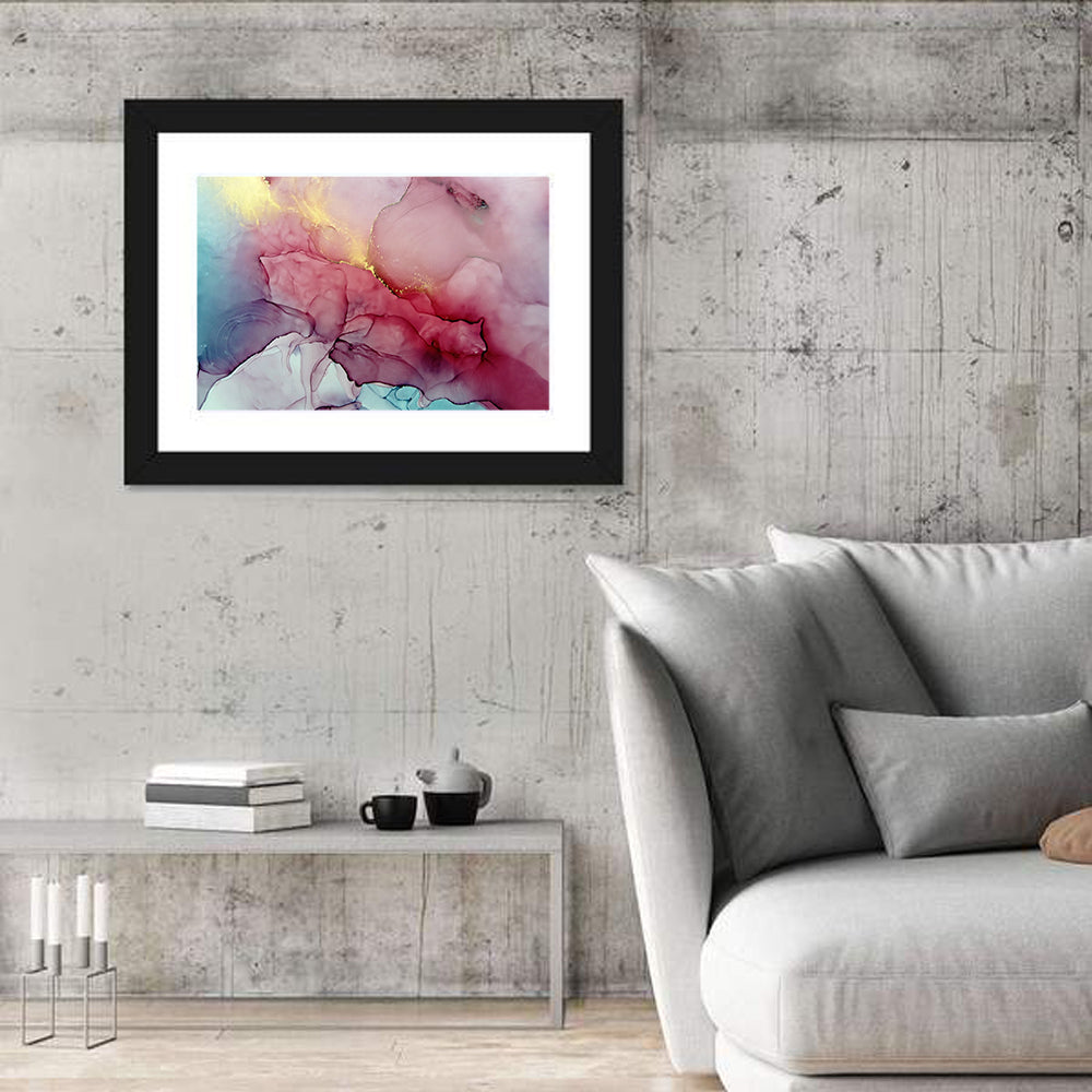 Pink and Gold Fluid Abstract Wall Art in a room, landscape