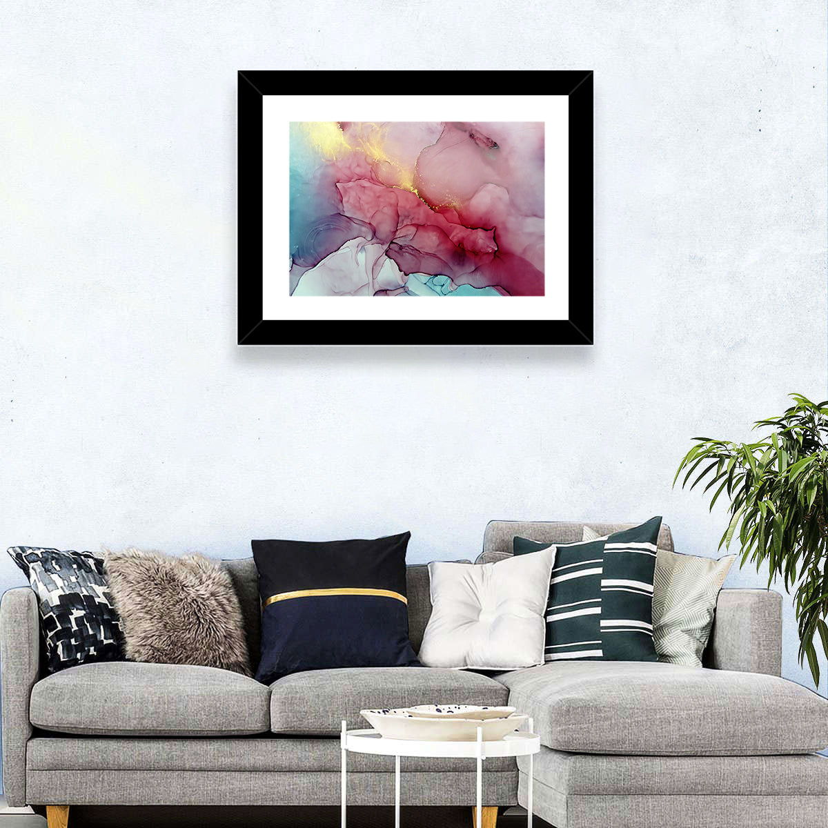 Pink and Gold Fluid Abstract Wall Art in a room, landscape