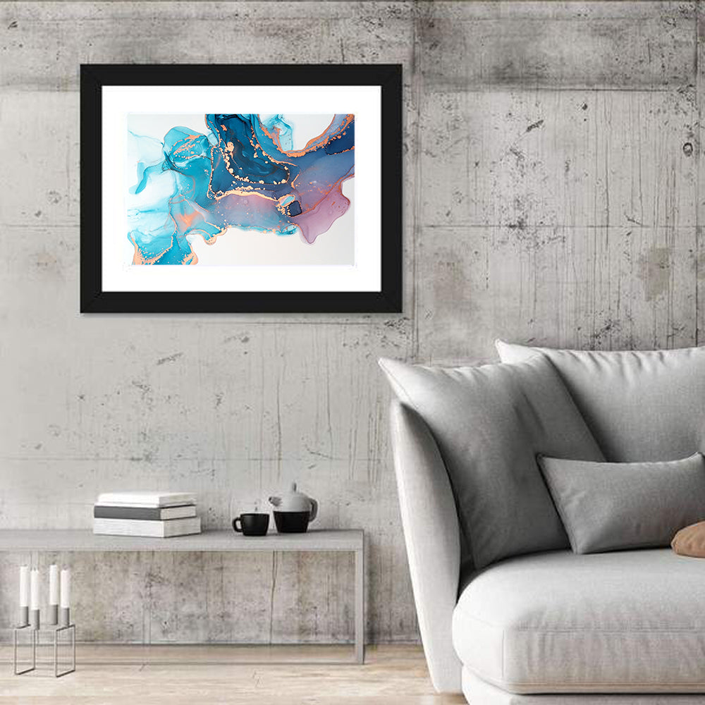 Fluid Ink with Metallic Gold Accents Wall Art in a room, landscape