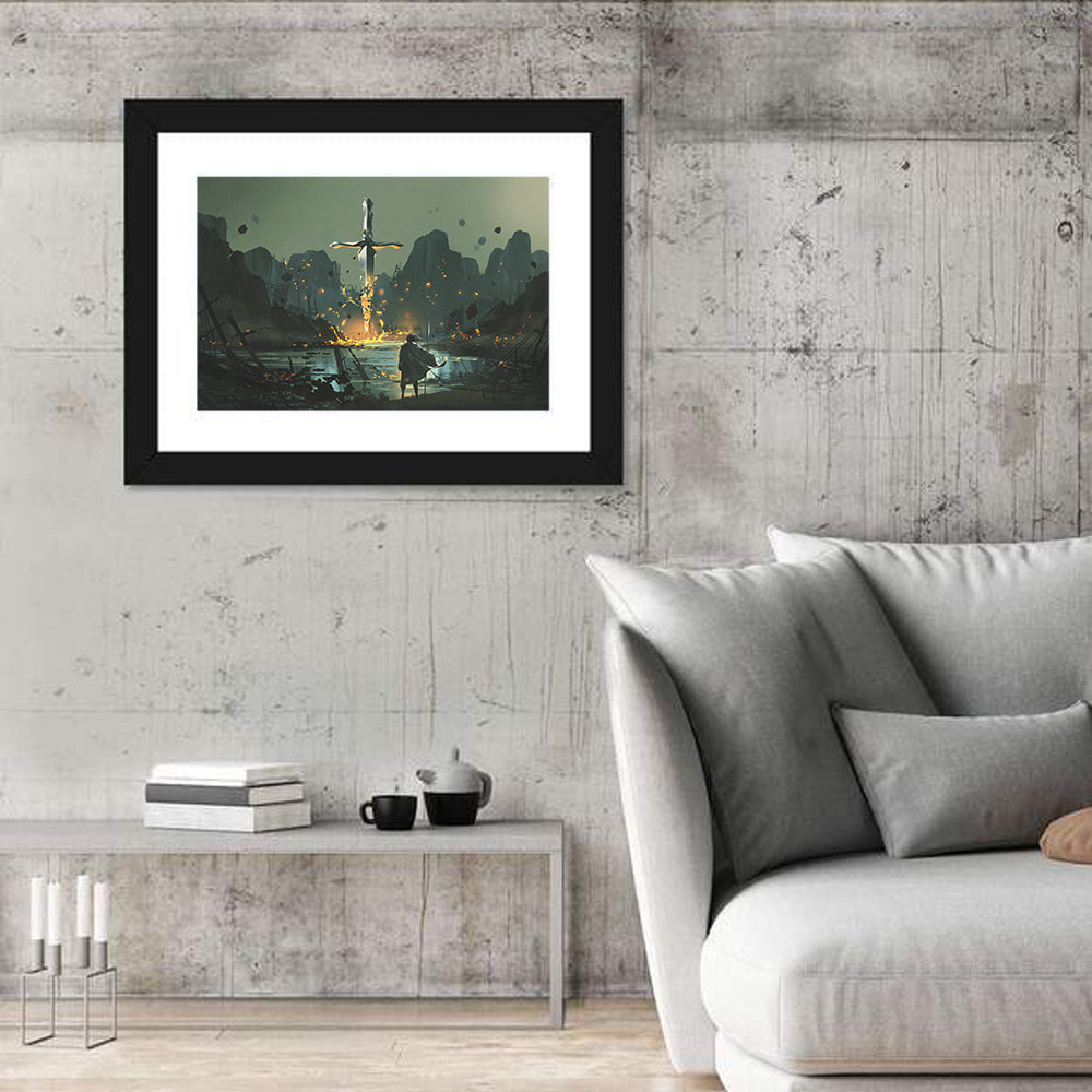 Melting Sword with Cloaked Traveler Wall Art in a room, landscape