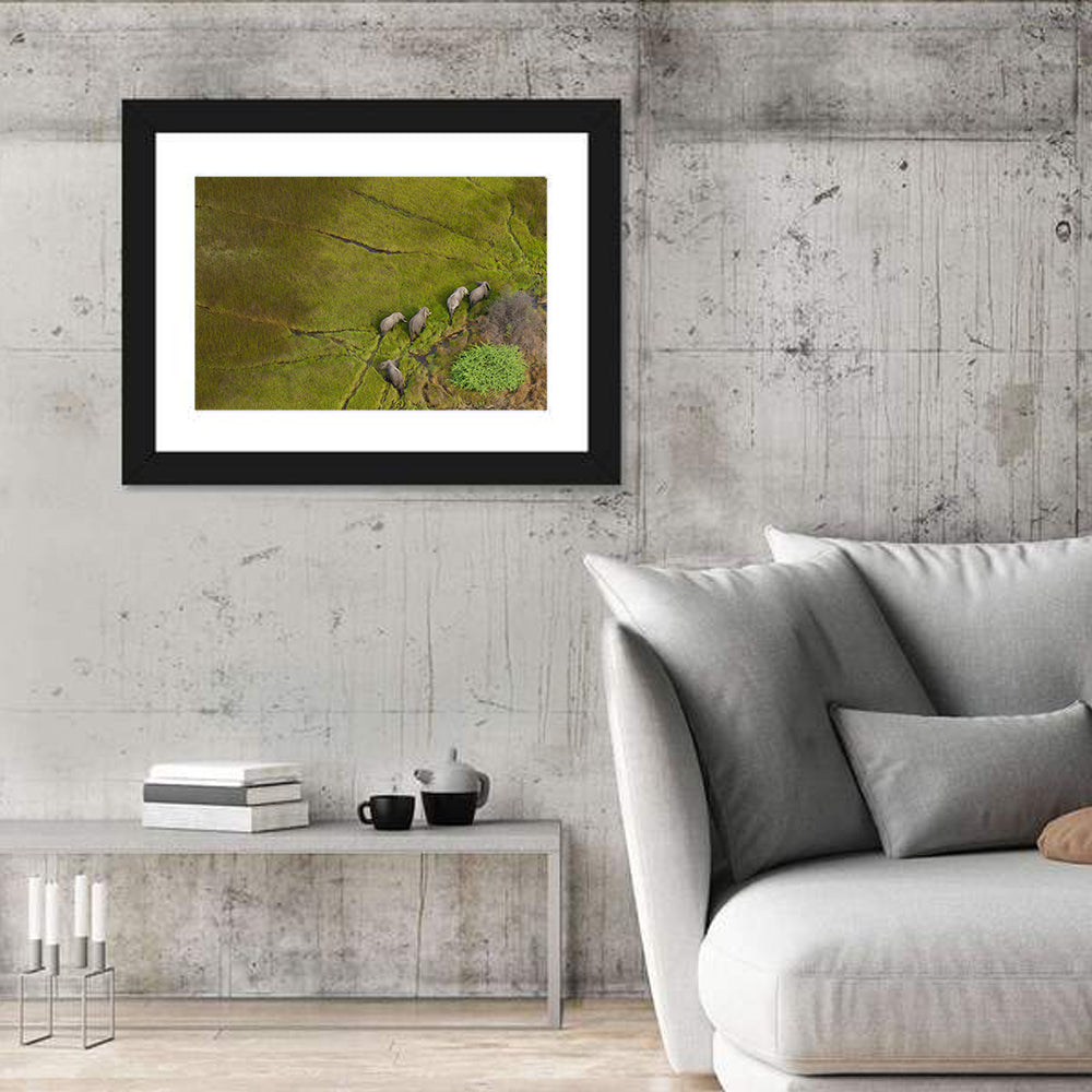 Aerial Herd of Elephants Wall Art in a room, landscape