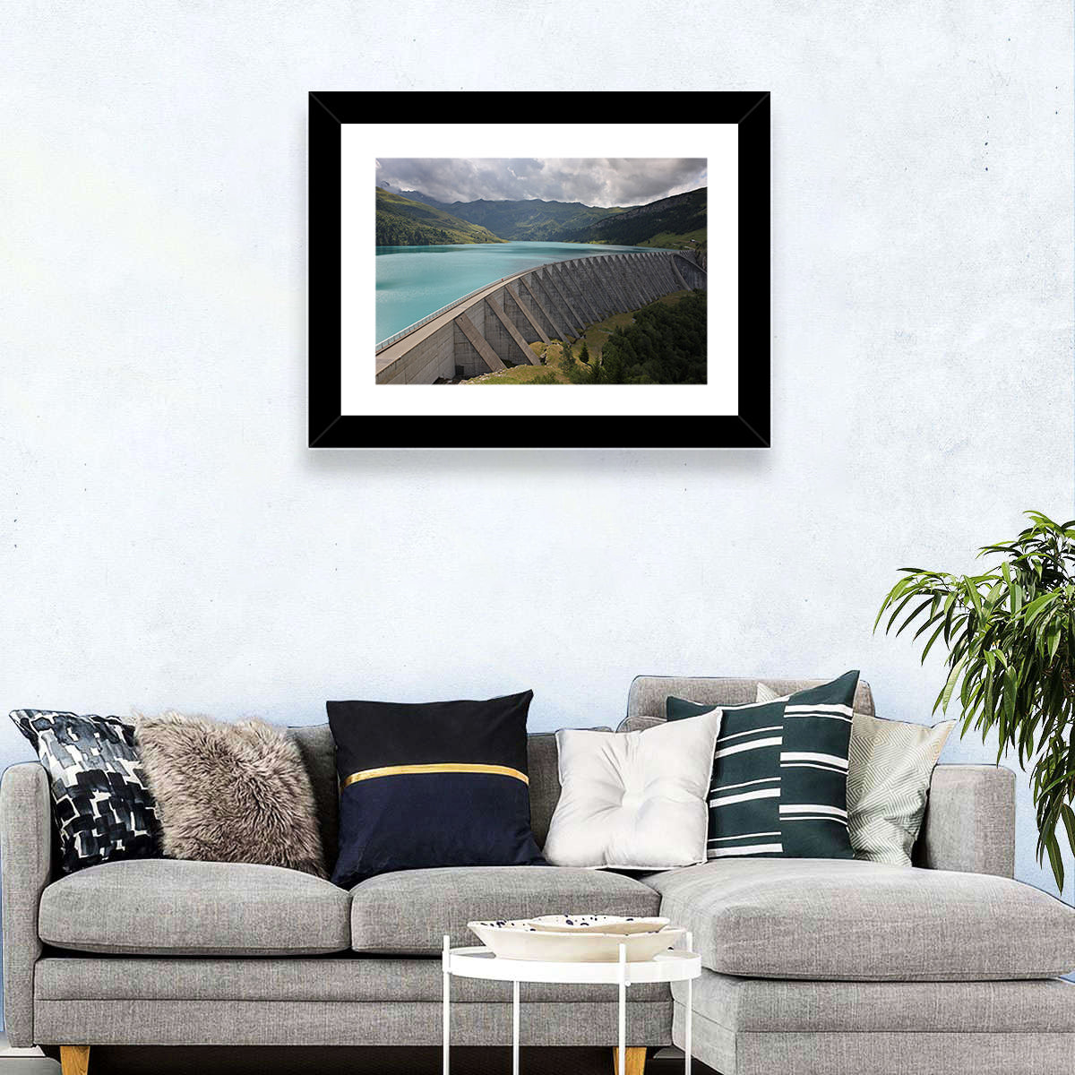 Curved Dam on Turquoise Lake Wall Art in a room, landscape