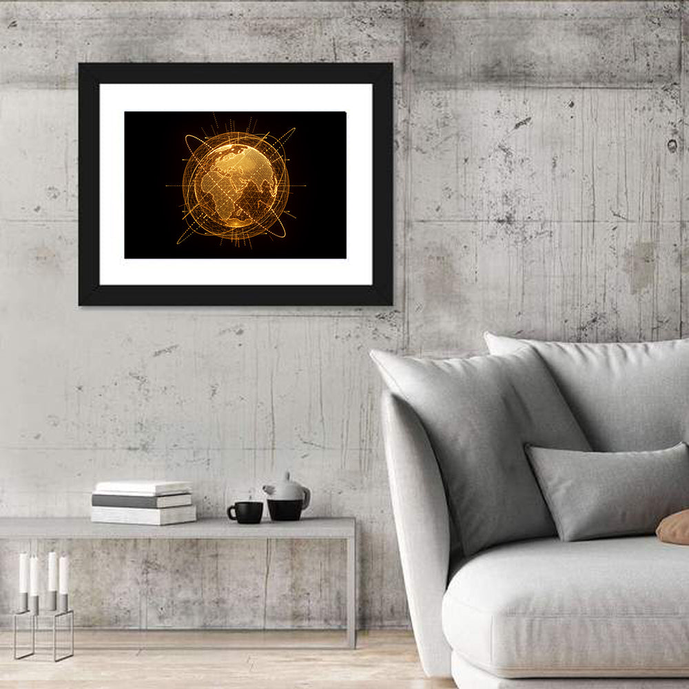 Golden Hologram Globe Wall Art in a room, landscape