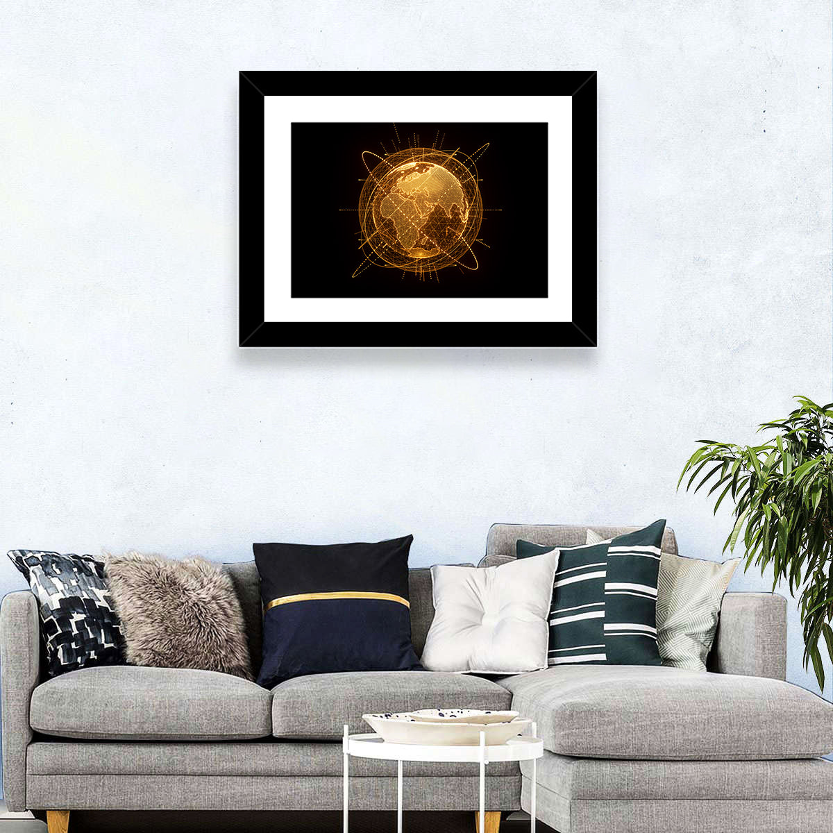 Golden Hologram Globe Wall Art in a room, landscape