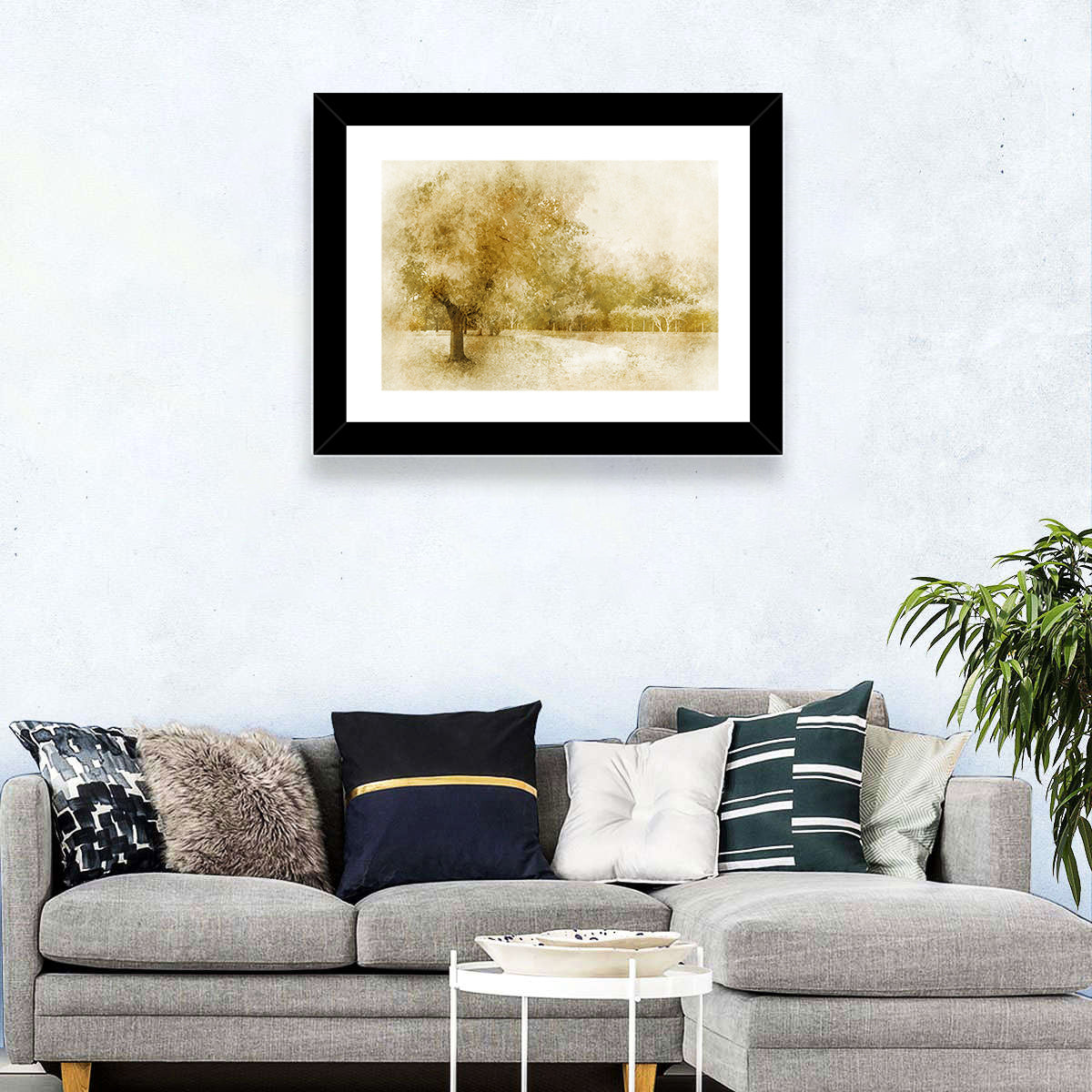 Sepia Orchard Pathway Wall Art in a room, landscape