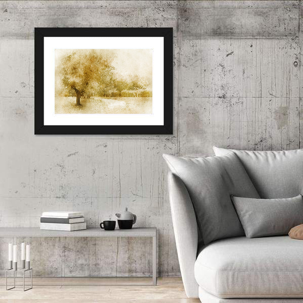 Sepia Orchard Pathway Wall Art in a room, landscape
