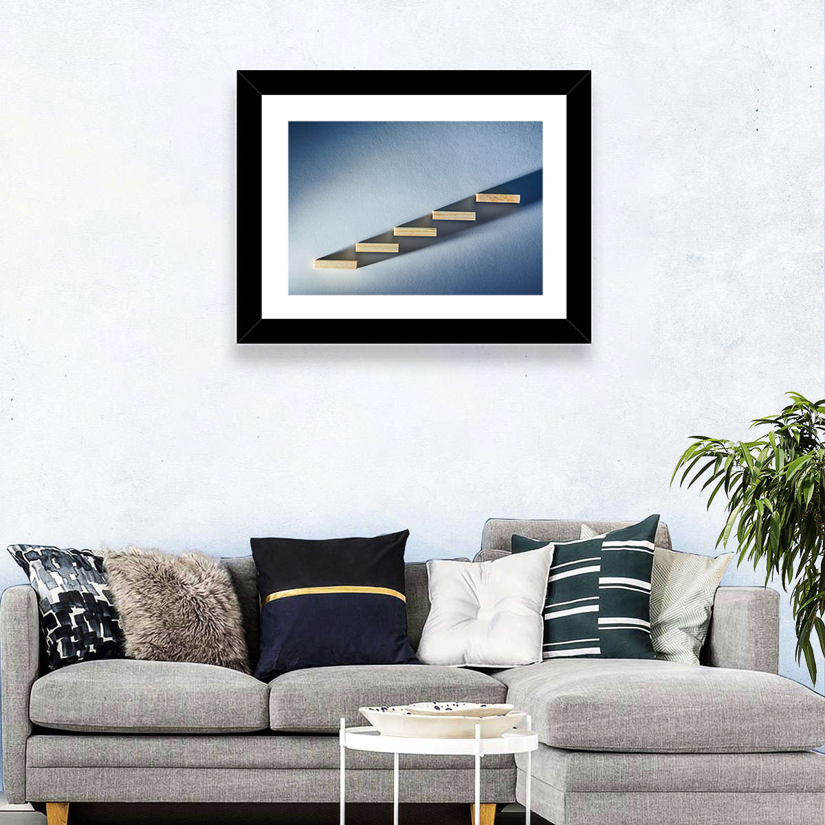 Five Wooden Steps Abstraction Wall Art in a room, landscape