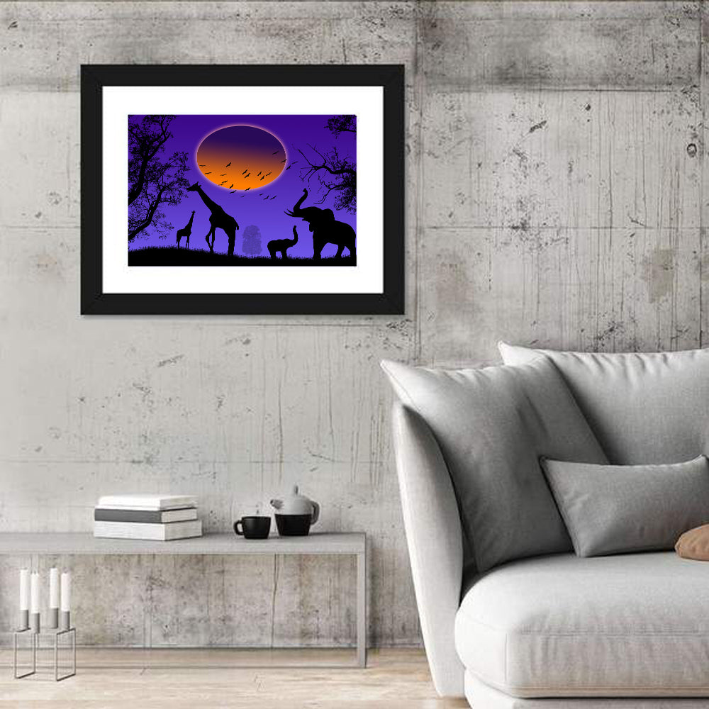 Sunset Savannah Silhouette Wall Art in a room, landscape
