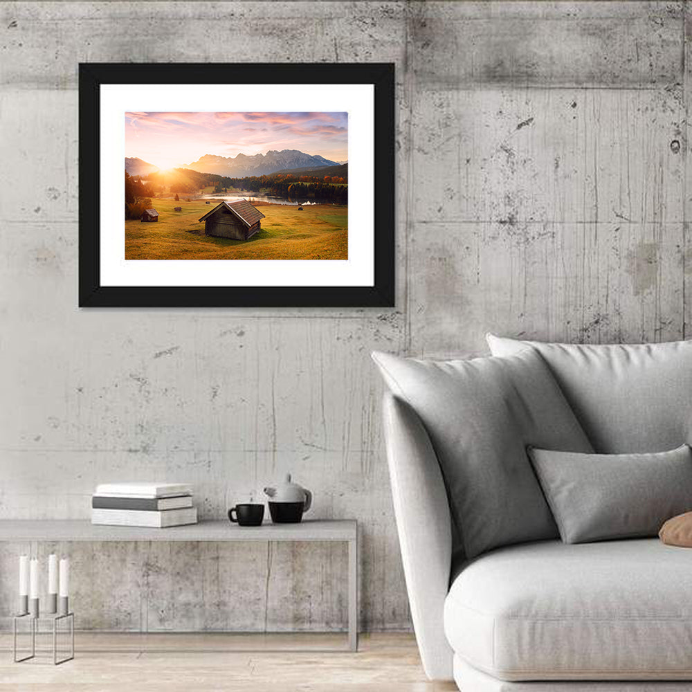 Sunrise Over Geroldsee Cabin Wall Art in a room, landscape
