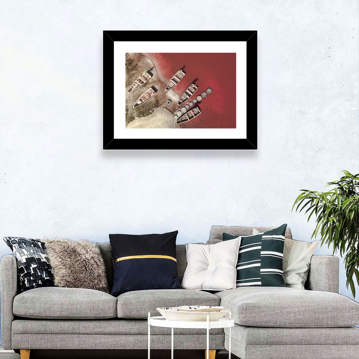 Wooden Boats on Lake Retba Wall Art in a room, landscape