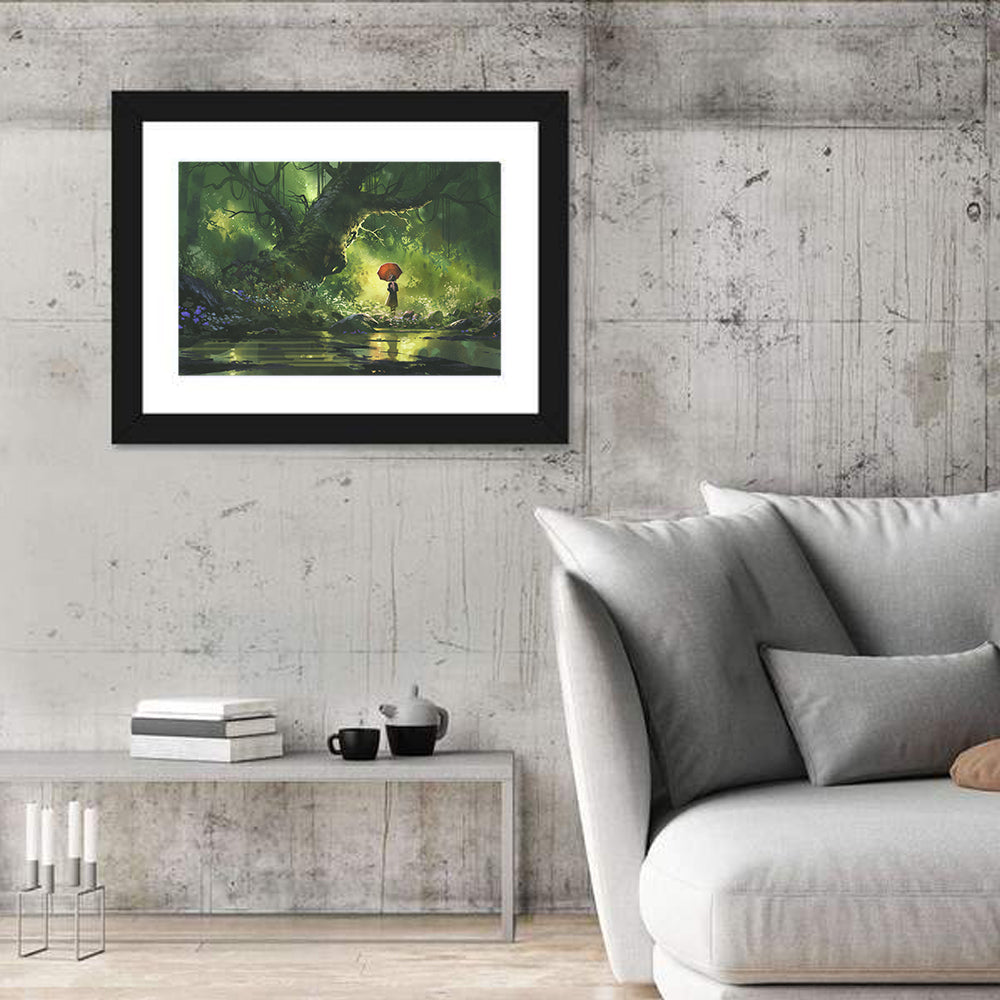 Girl with Umbrella in Mysterious Forest Wall Art in a room, landscape