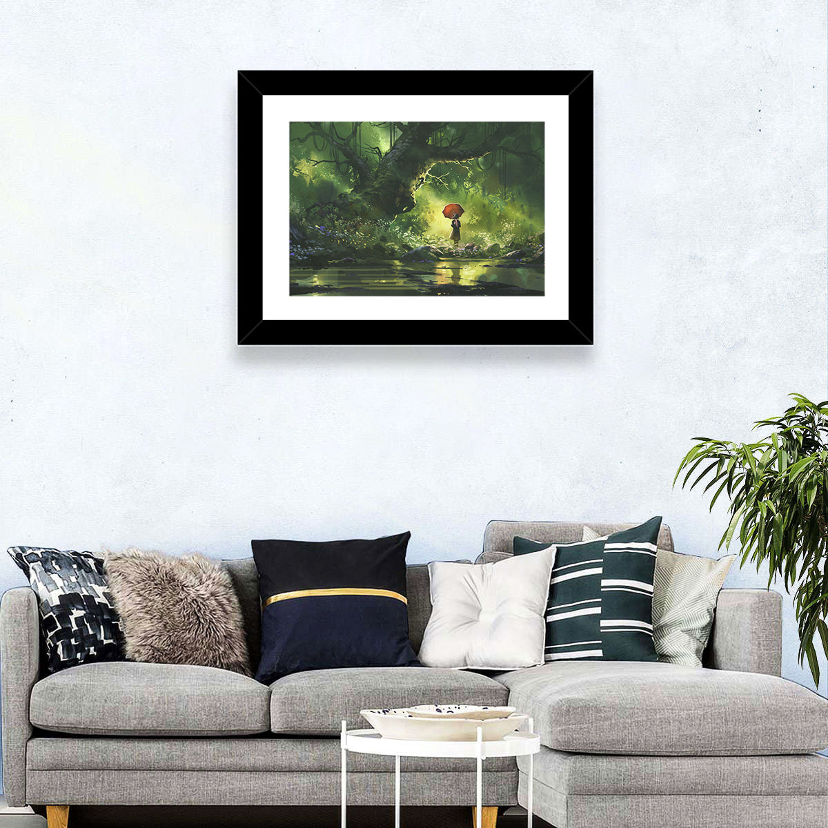 Girl with Umbrella in Mysterious Forest Wall Art