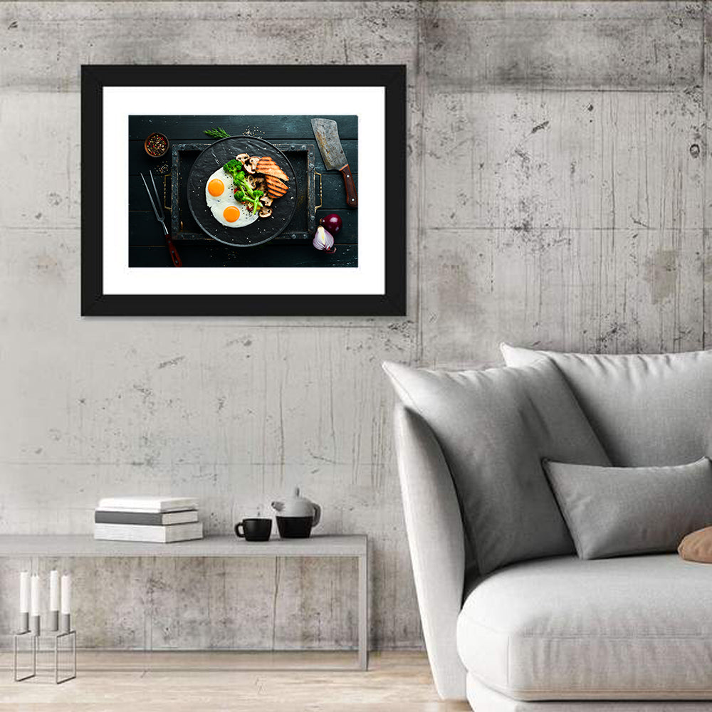 Top Down Fried Eggs Breakfast Platter Wall Art in a room, landscape