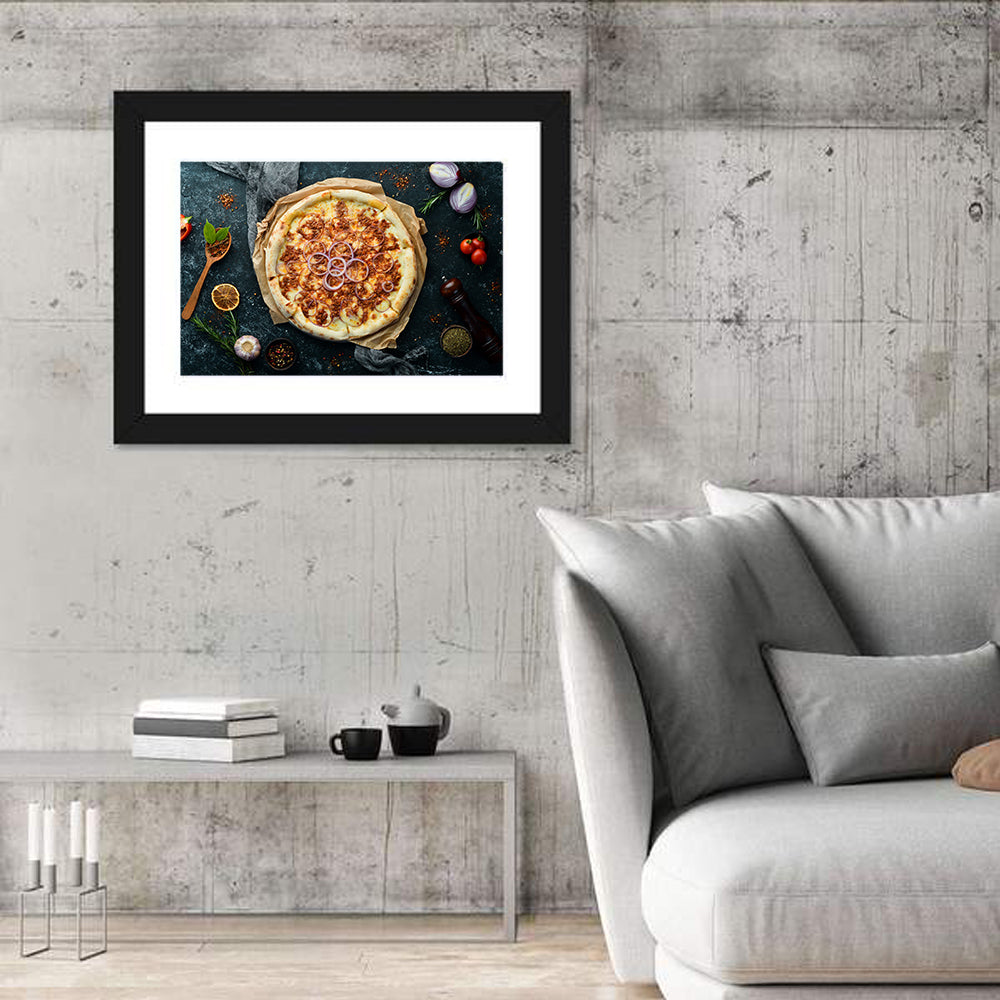 Spicy Pizza with Red Onion Wall Art in a room, landscape